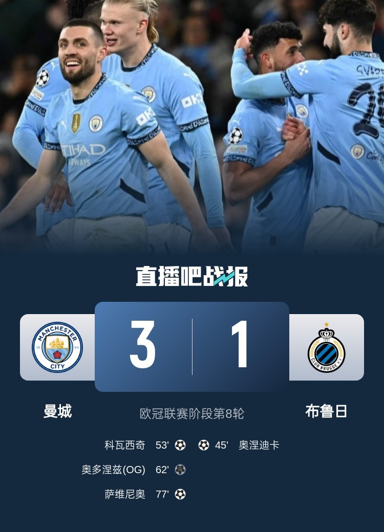 曼城客场险胜波尔图，成功晋级欧冠淘汰赛